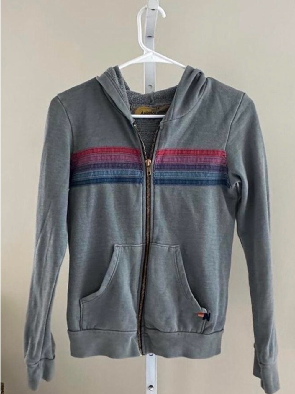Aviator Nation Gray Zip-Up Hoodie with Red and Blue Stripes